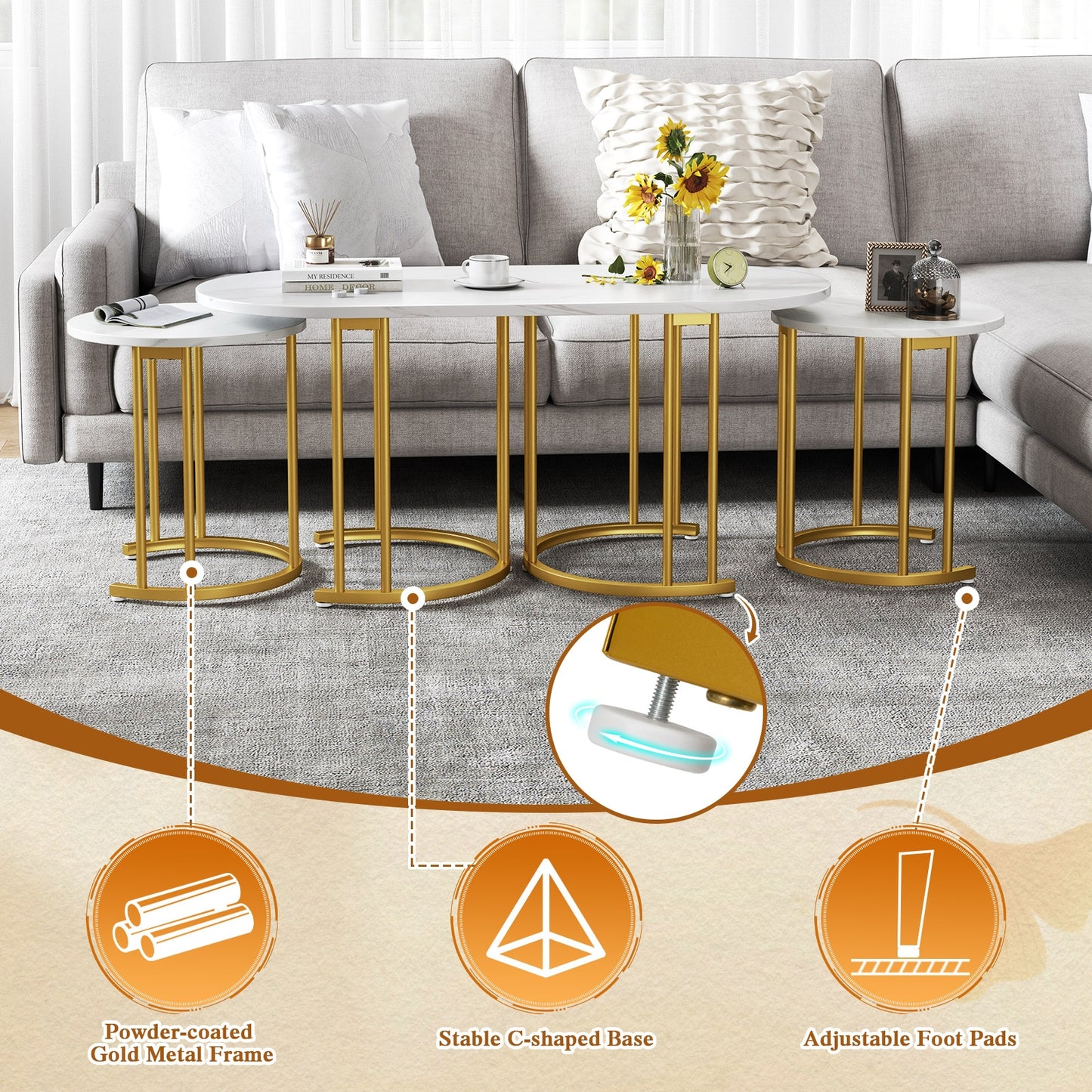 Nesting Coffee Table Set, 3 Piece, Faux Marble Top, Gold Metal Frame, White Coffee Tables at Gallery Canada