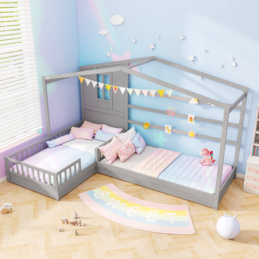 L-Shaped Double Twin Beds, With Fences Corner Bed Frame, Gray Simple Bed Frame Gray at Gallery Canada