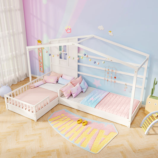 L-Shaped Double Twin Beds, With Fences Corner Bed Frame, White Simple Bed Frame White at Gallery Canada