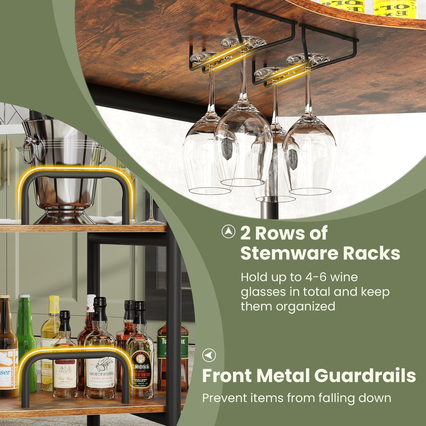 3-Tier Liquor Bar Table With Stemware Racks, Storage Shelves, Rustic Brown Bar Tables at Gallery Canada