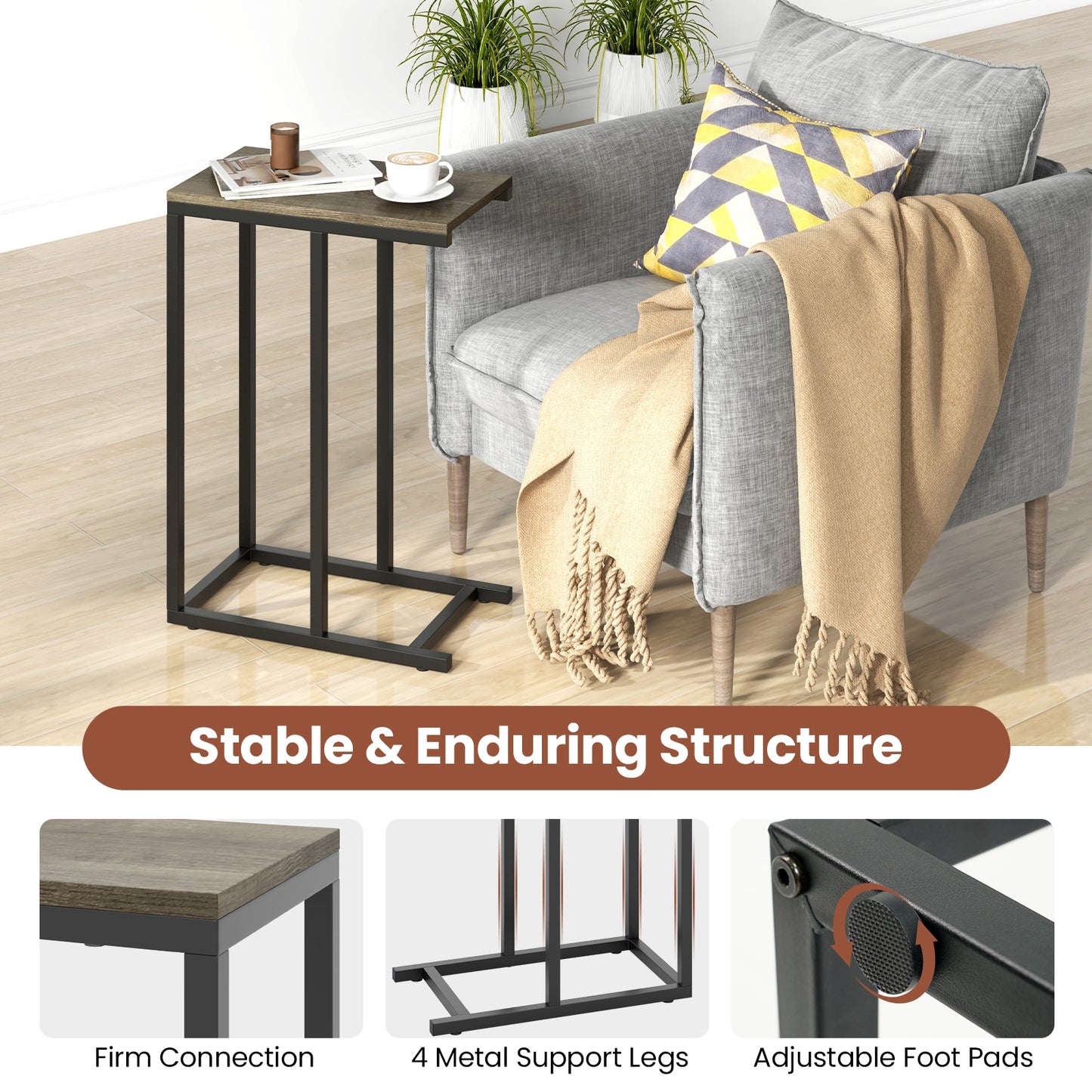 C-Shaped Side Table, Heavy-Duty Metal Frame, Oak End & Side Tables at Gallery Canada