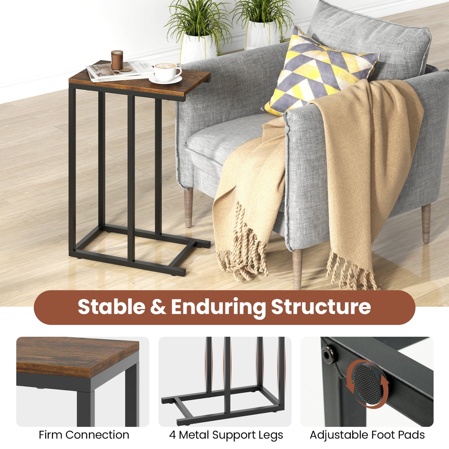 C-Shaped Side Table, Heavy-Duty Metal Frame, Rustic Brown End & Side Tables at Gallery Canada