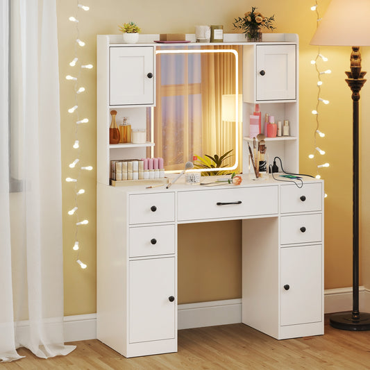 Makeup Vanity Desk With Lighted Mirror, Charging Station, White Makeup Vanities White at Gallery Canada