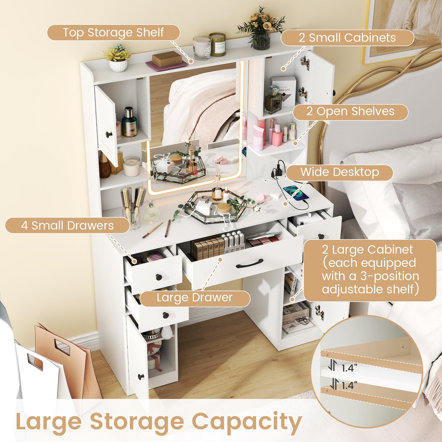 Makeup Vanity Desk with Lighted Mirror and Charging Station, White Makeup Vanities at Gallery Canada