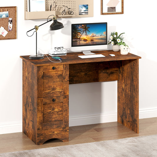 Bureau d'ordinateur en bois avec 3 tiroirs, marron rustique