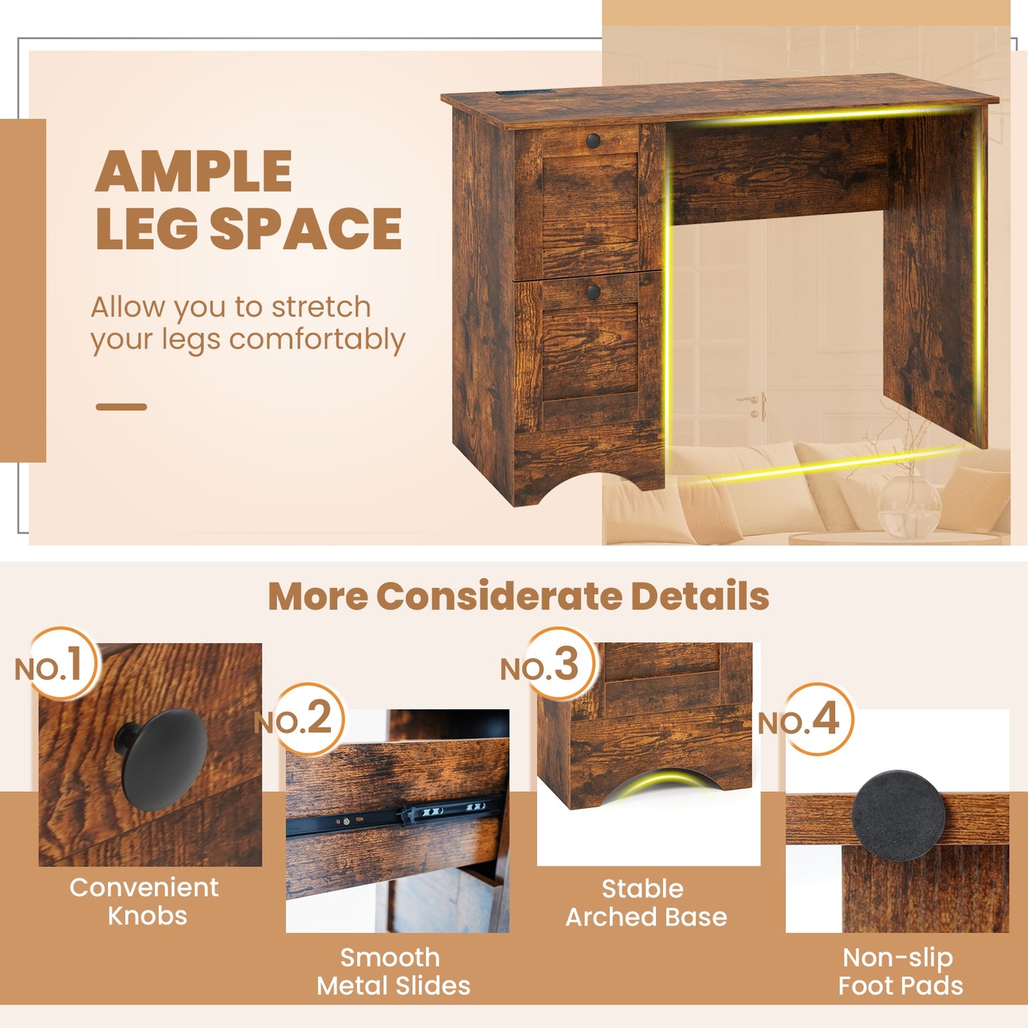 Wooden Computer Desk With 3 Drawers, Rustic Brown Computer Desks at Gallery Canada