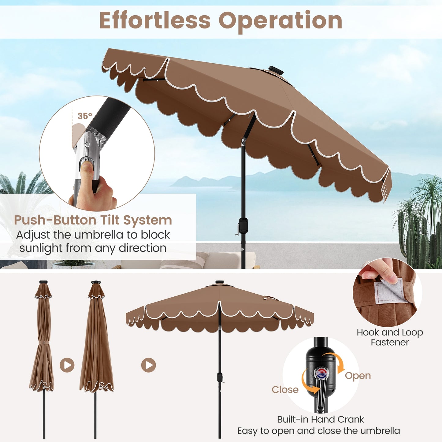 9.3 Feet Solar Patio Umbrella with 24 LED Lights Vented Top and Ruffles, Coffee Outdoor Umbrellas at Gallery Canada