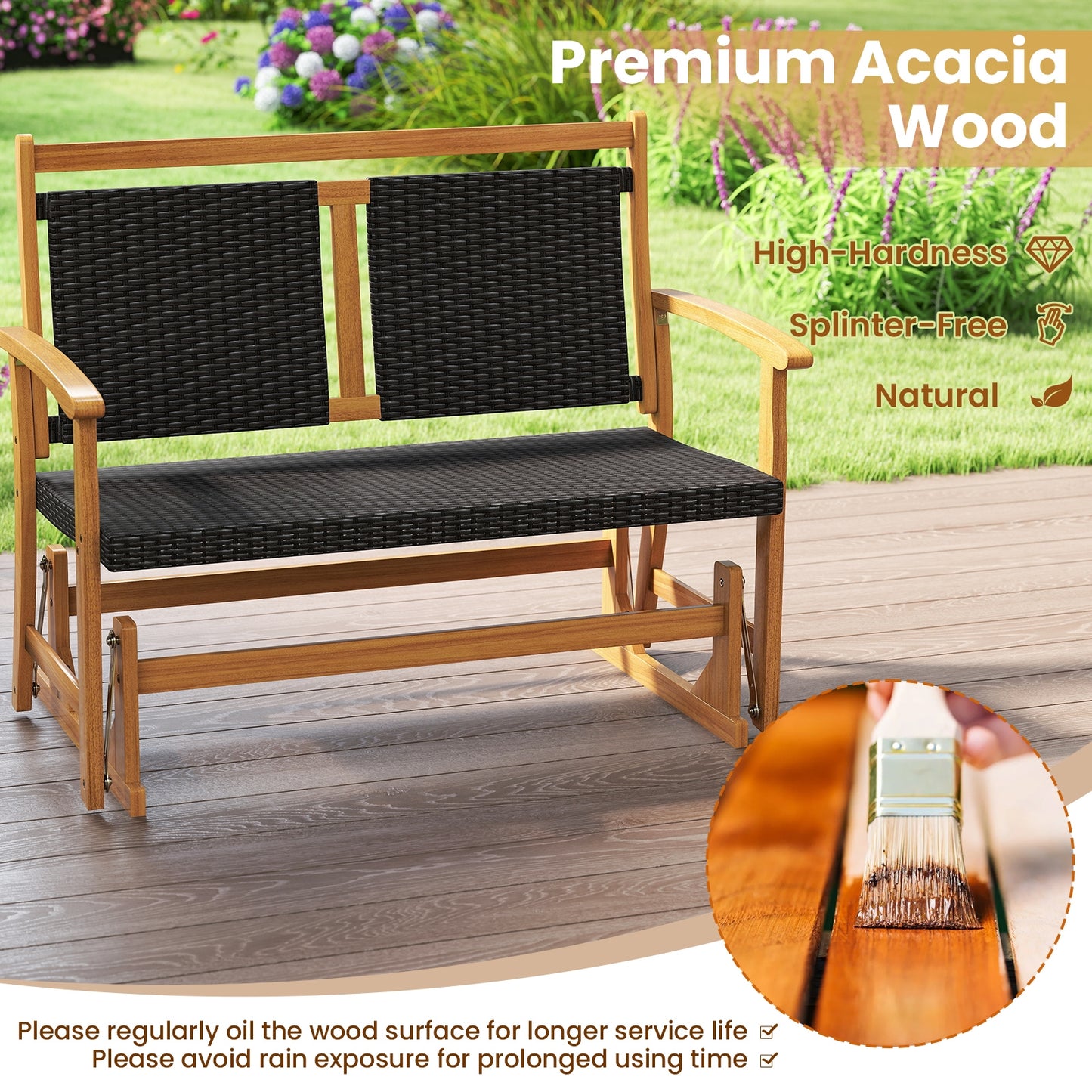 Rattan Glider Bench, Acacia Wood Frame, Brown