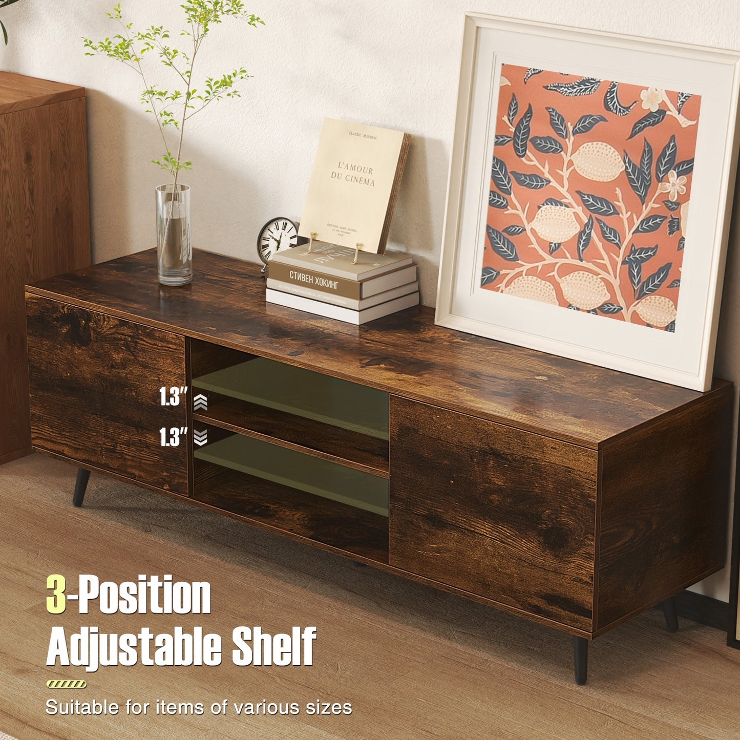 TV Stand with Power Outlets and Adjustable Shelf for 60 Inch TVs, Rustic Brown Entertainment Centers & TV Stands at Gallery Canada