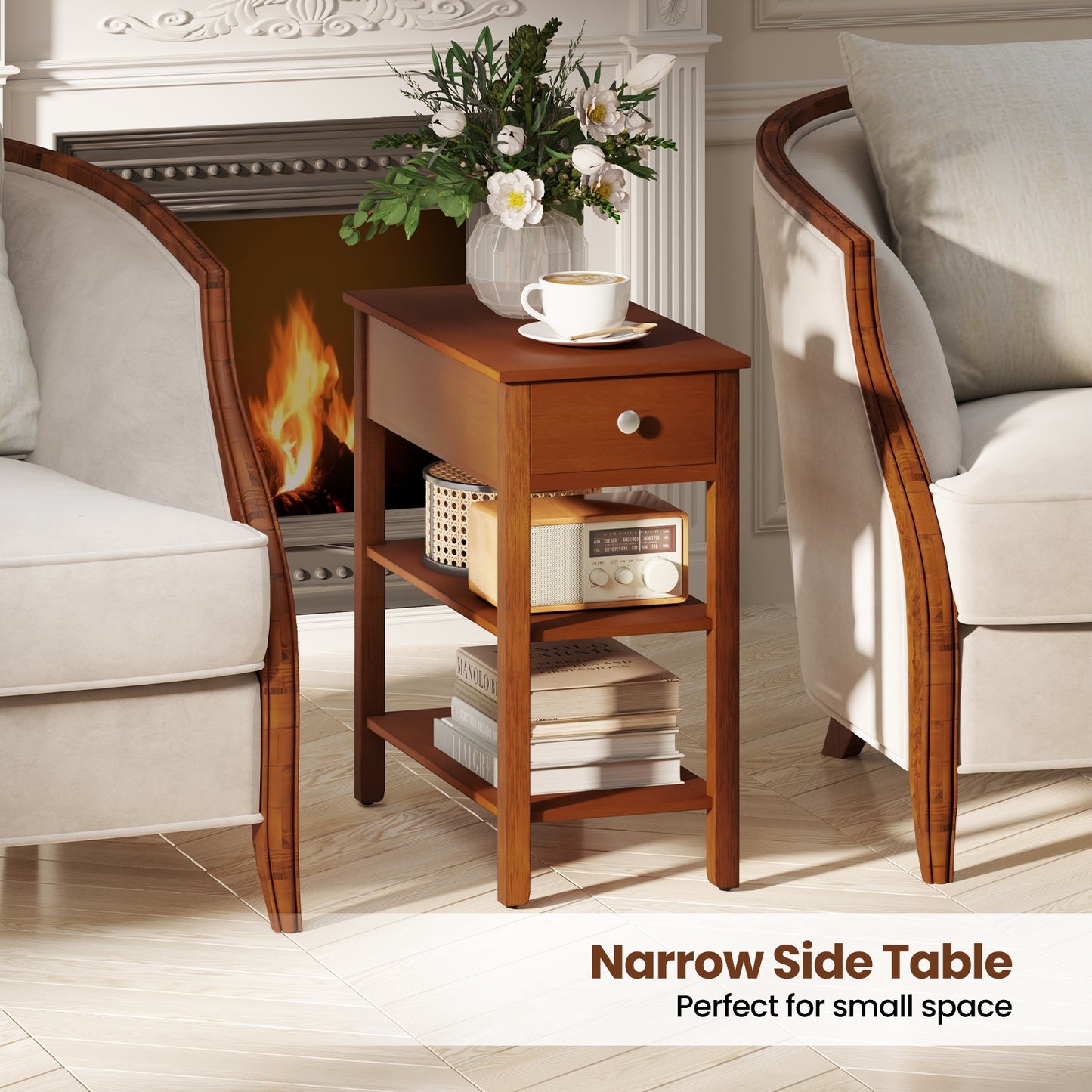 3-Tier Narrow End Table With Drawer, Storage Shelves, Brown End & Side Tables at Gallery Canada