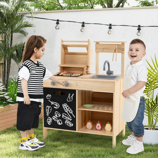 Wooden Barbecue Grill Playset With Chalkboard, Sink, Cabinet, Natural Play Kitchen Sets Natural at Gallery Canada