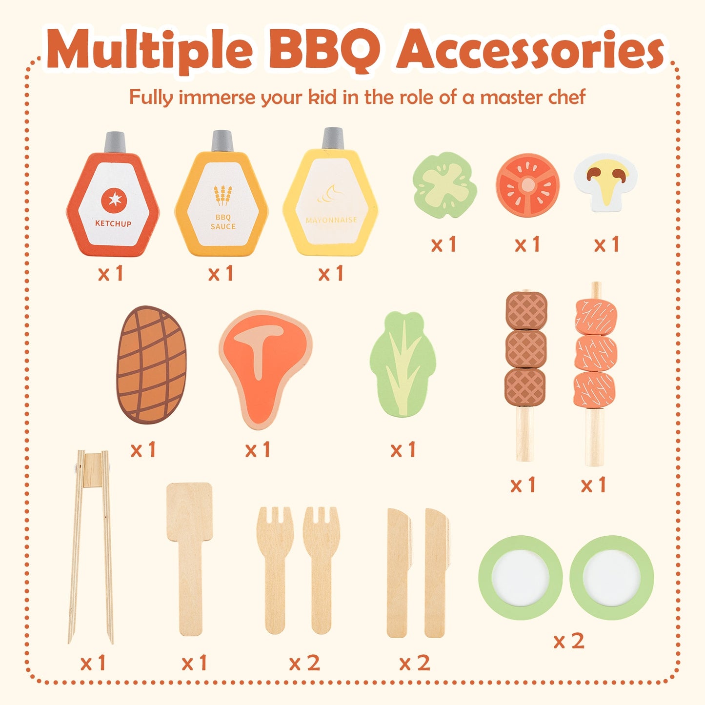 Wooden Barbecue Grill Playset With Chalkboard, Sink, Cabinet, Natural