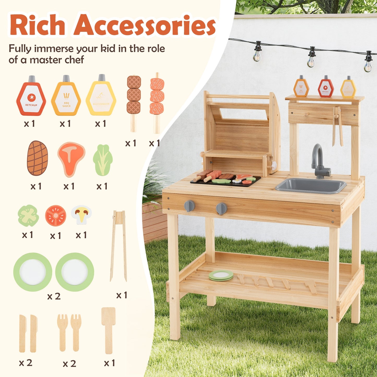 Wooden Barbecue Grill Playset, Play Food, Open Shelves, Natural Play Kitchen Sets at Gallery Canada