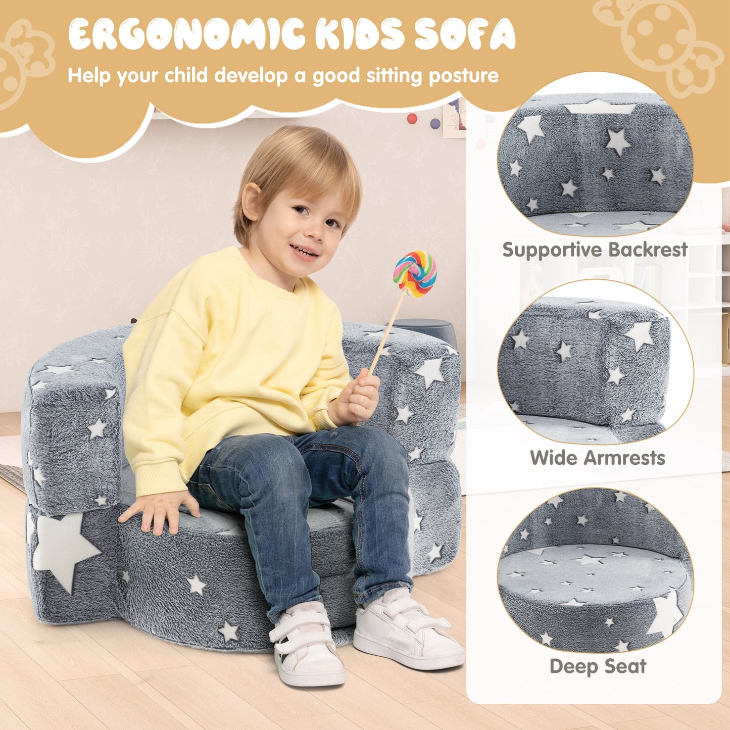 2-in-1 Convertible Glow in the Dark Kids Sofa with Removable Washable Cover, Gray Kids Chairs & Seating at Gallery Canada