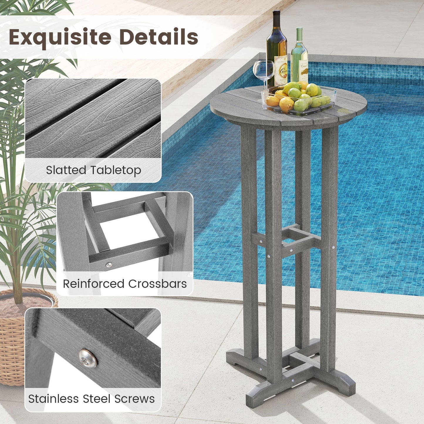 21.5 Inch Round Bar Table, HDPE Slatted Tabletop, Gray Patio Bar Furniture at Gallery Canada