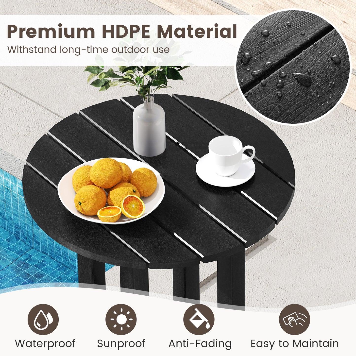 21.5 Inch Round Bar Table, HDPE Slatted Tabletop, Black Patio Bar Furniture at Gallery Canada