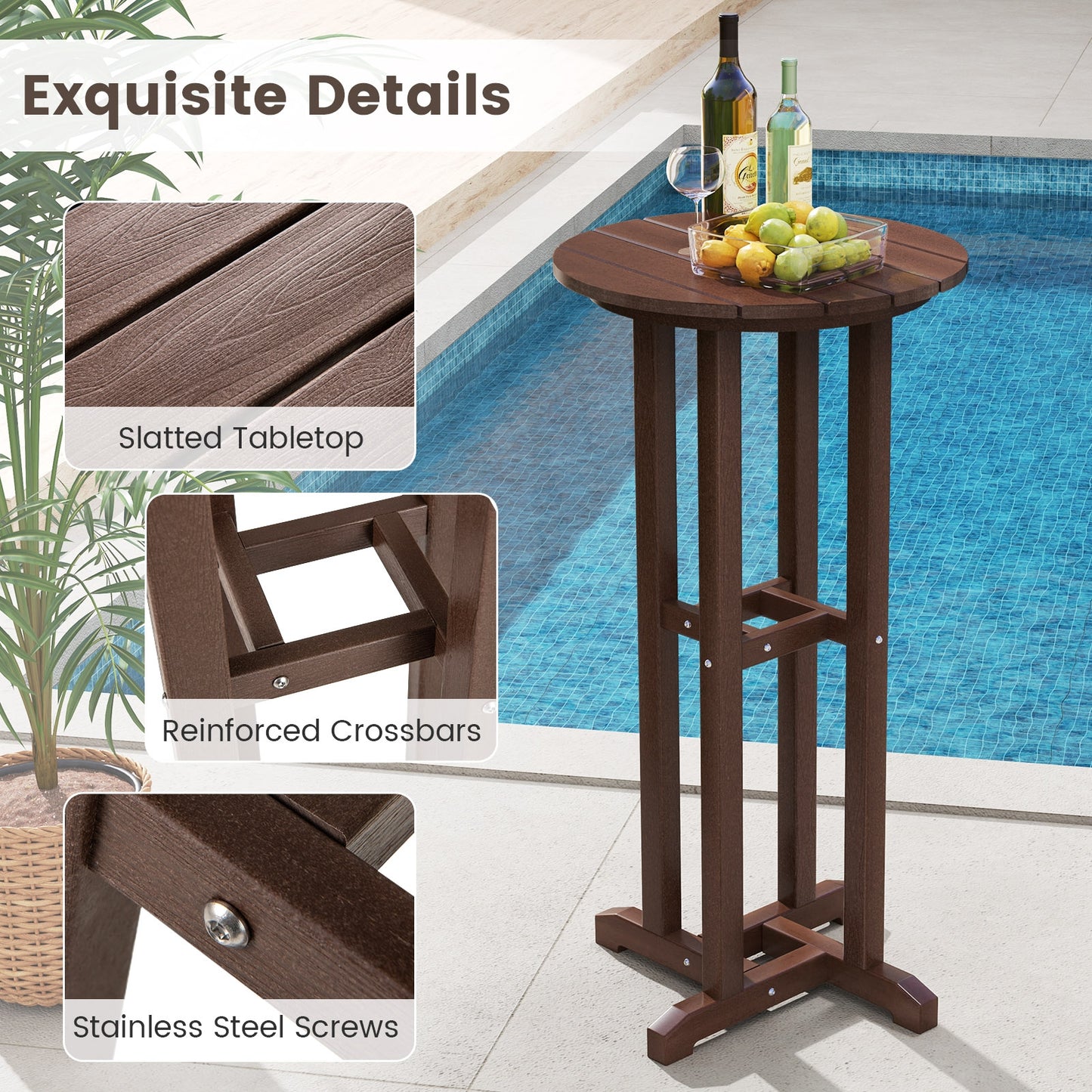 21.5 Inch Round Bar Table, HDPE Slatted Tabletop, Brown Patio Bar Furniture at Gallery Canada