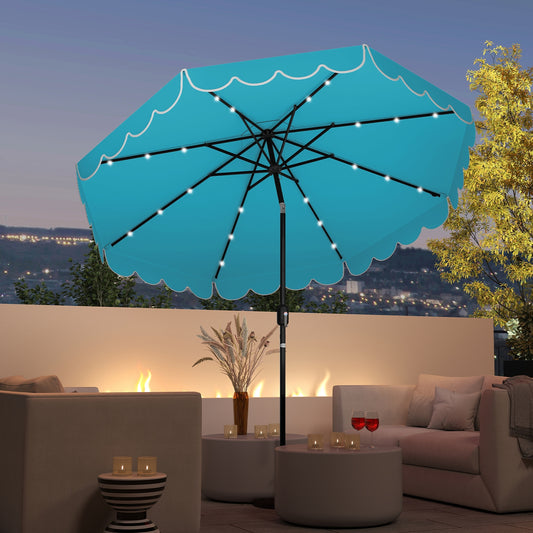 9.3 Feet Solar Patio Umbrella with 24 LED Lights Vented Top and Ruffles, Turquoise Outdoor Umbrellas Turquoise at Gallery Canada