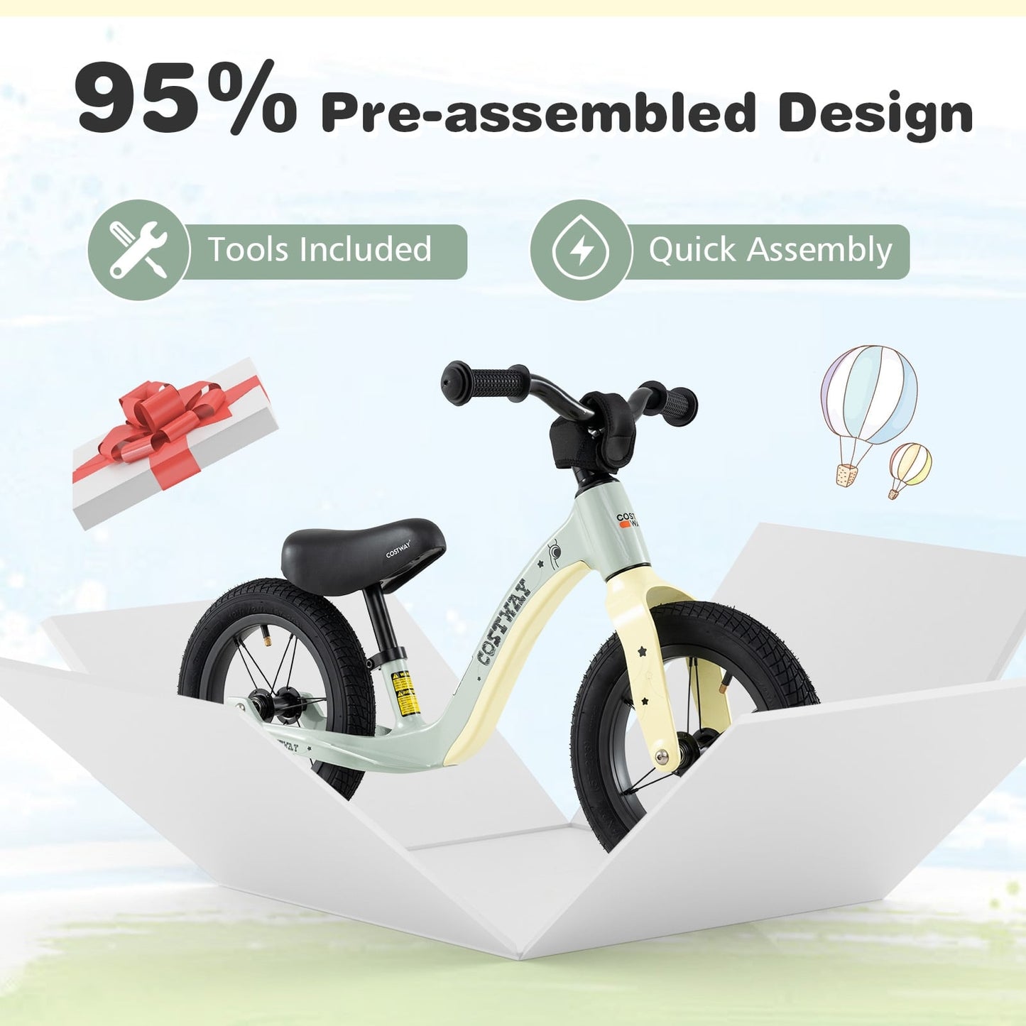 Vélo d'équilibre 12 pouces, Selle réglable, Guidon rotatif, Vert