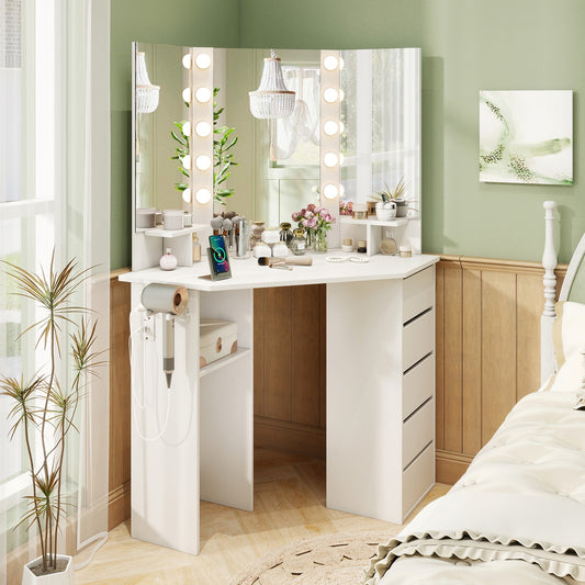 Corner Vanity Desk With LED Mirror, Power Outlet, White