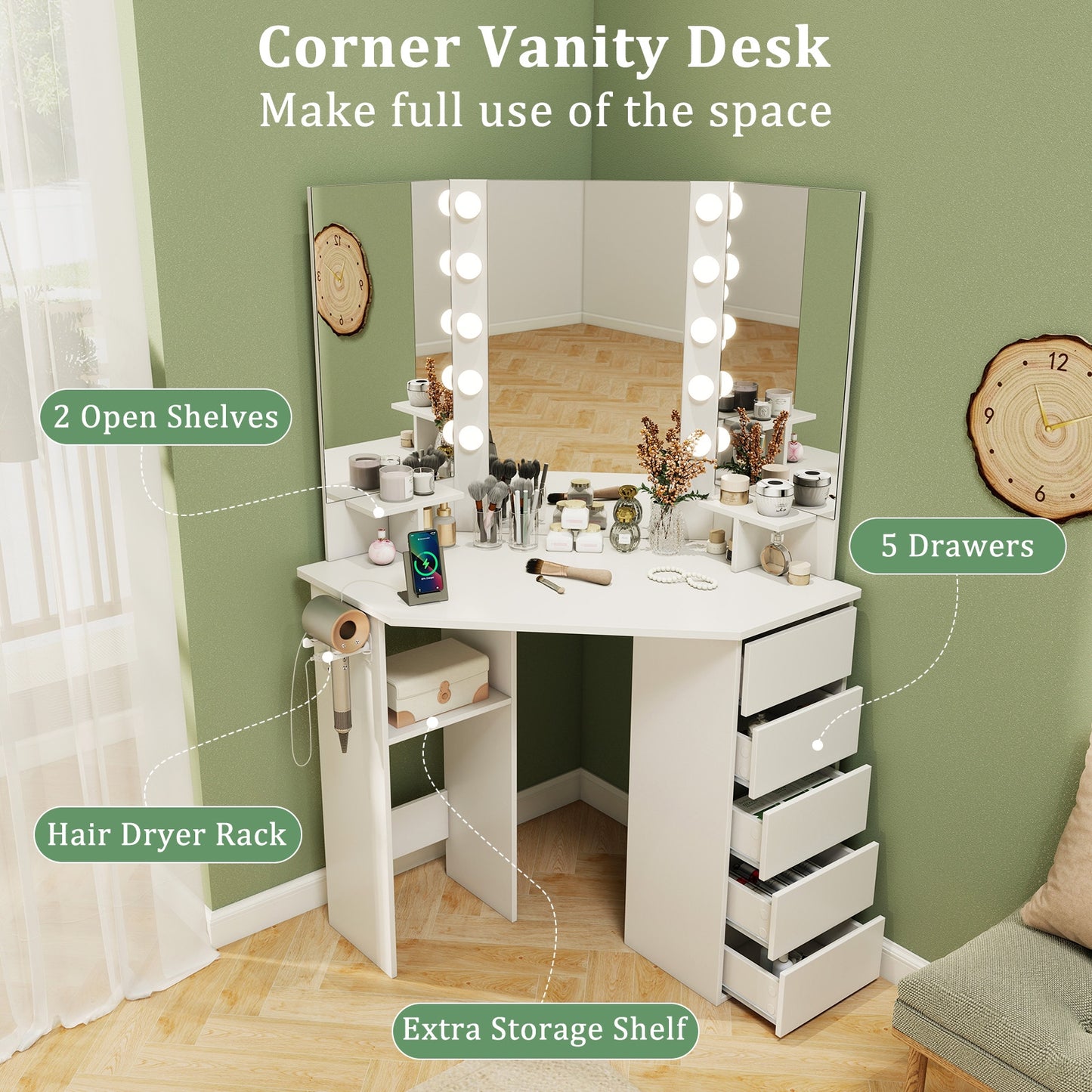 Corner Vanity Desk with 3-Color LED Lighted Mirror and Power Outlet, White Makeup Vanities at Gallery Canada