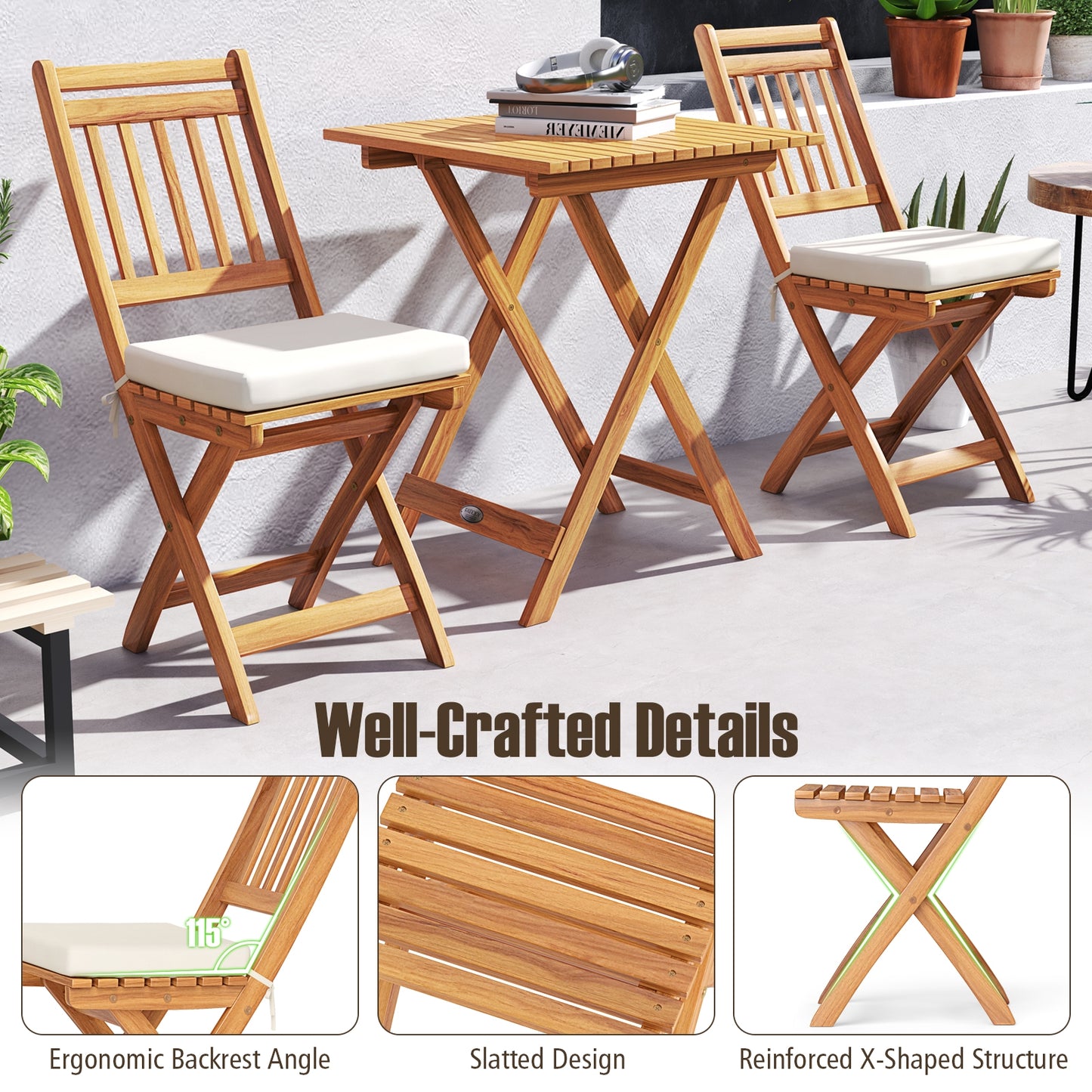 Outdoor Wood Bistro Set, With Soft Seat Cushions And Table, White Patio Conversation Sets at Gallery Canada