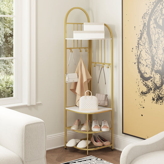 4-Tier Coat Rack Corner Hall Tree with Shoe Storage Bench, White Shoe Racks & Storage Benches White at Gallery Canada
