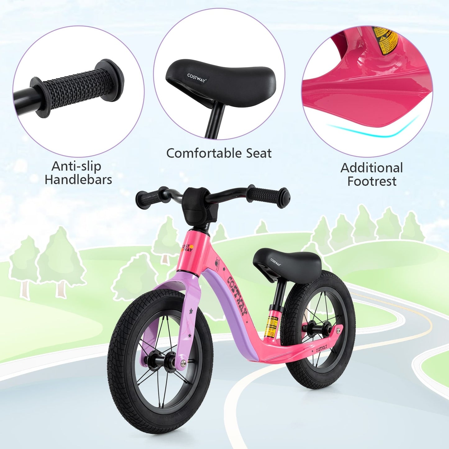 Vélo d'équilibre 12 pouces, siège réglable, guidon rotatif, rose