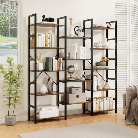 5-Tier Triple Wide Heavy-Duty Metal Frame Industrial Bookshelf, Rustic Brown