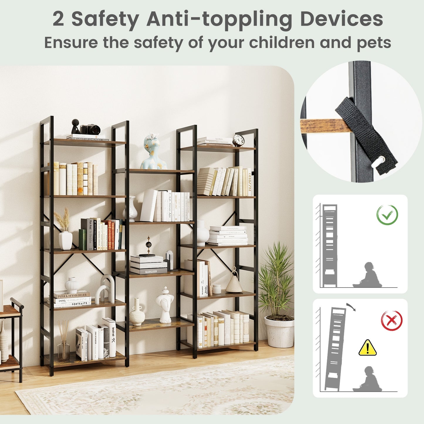 5-Tier Triple Wide Heavy-Duty Metal Frame Industrial Bookshelf, Rustic Brown Bookcases at Gallery Canada