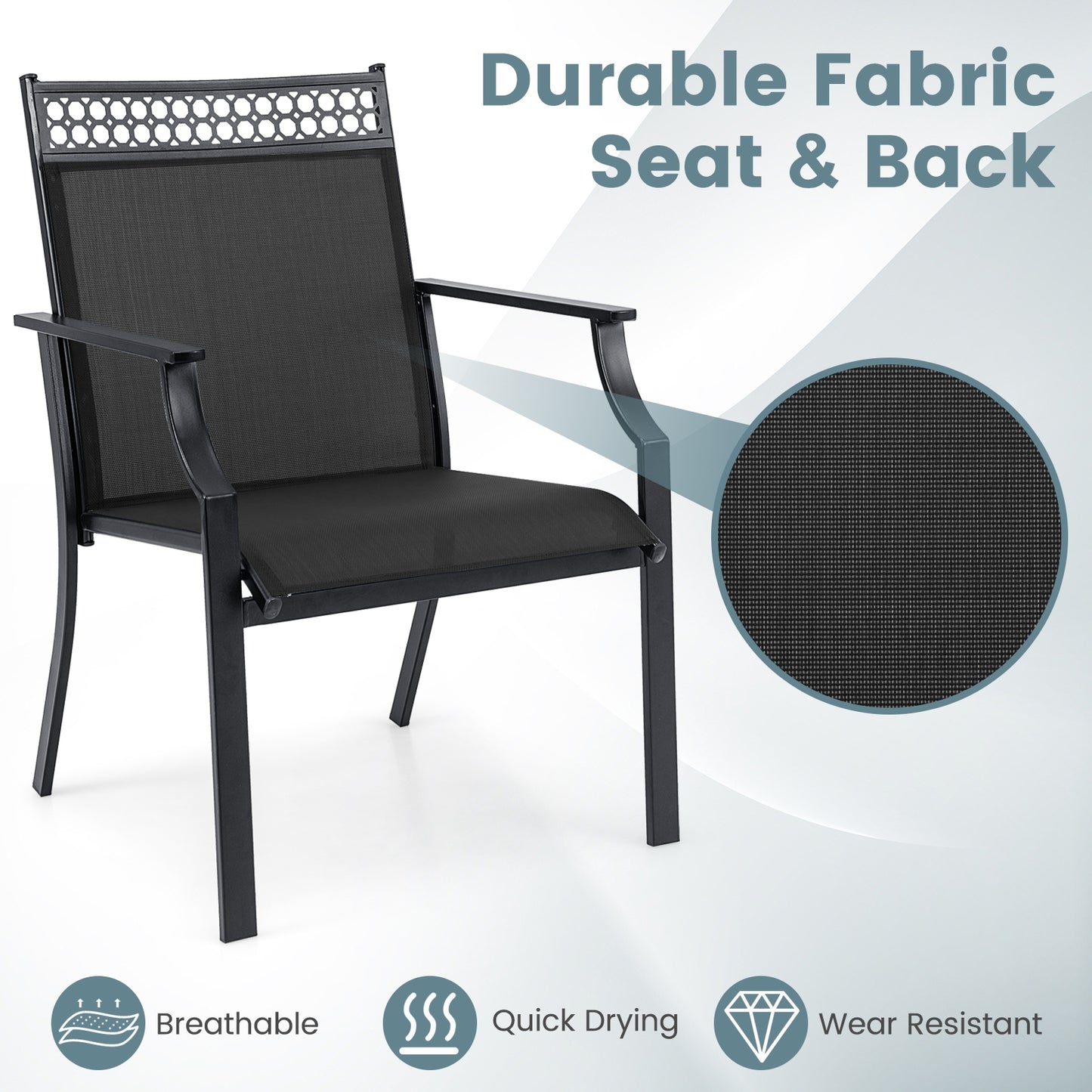 Patio Chairs Set Of 2, All Weather Breathable Fabric, Black