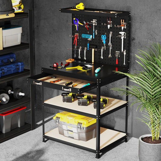 32 x 16 Inch Workbench Table, With Pegboard Drawer and Shelves, Black Garages Black at Gallery Canada
