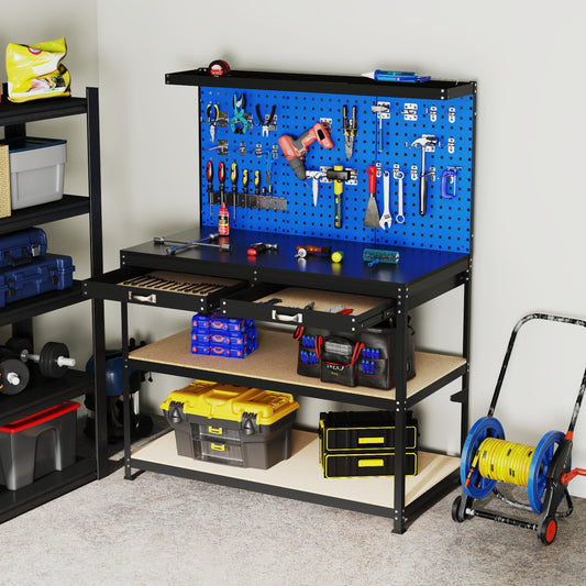 48 x 24 Inch Workbench, With Pegboard Drawer and Shelves, Navy Garages Navy at Gallery Canada