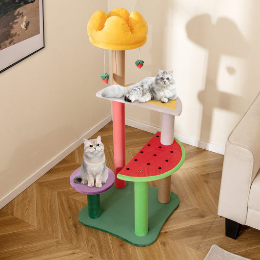 45 Inch Multi-Level Cat Tree with Plush Padded Top Perch and Fruit-Shaped Platforms, Multicolor Cat Trees Condos & Scratchers Multicolor at Gallery Canada