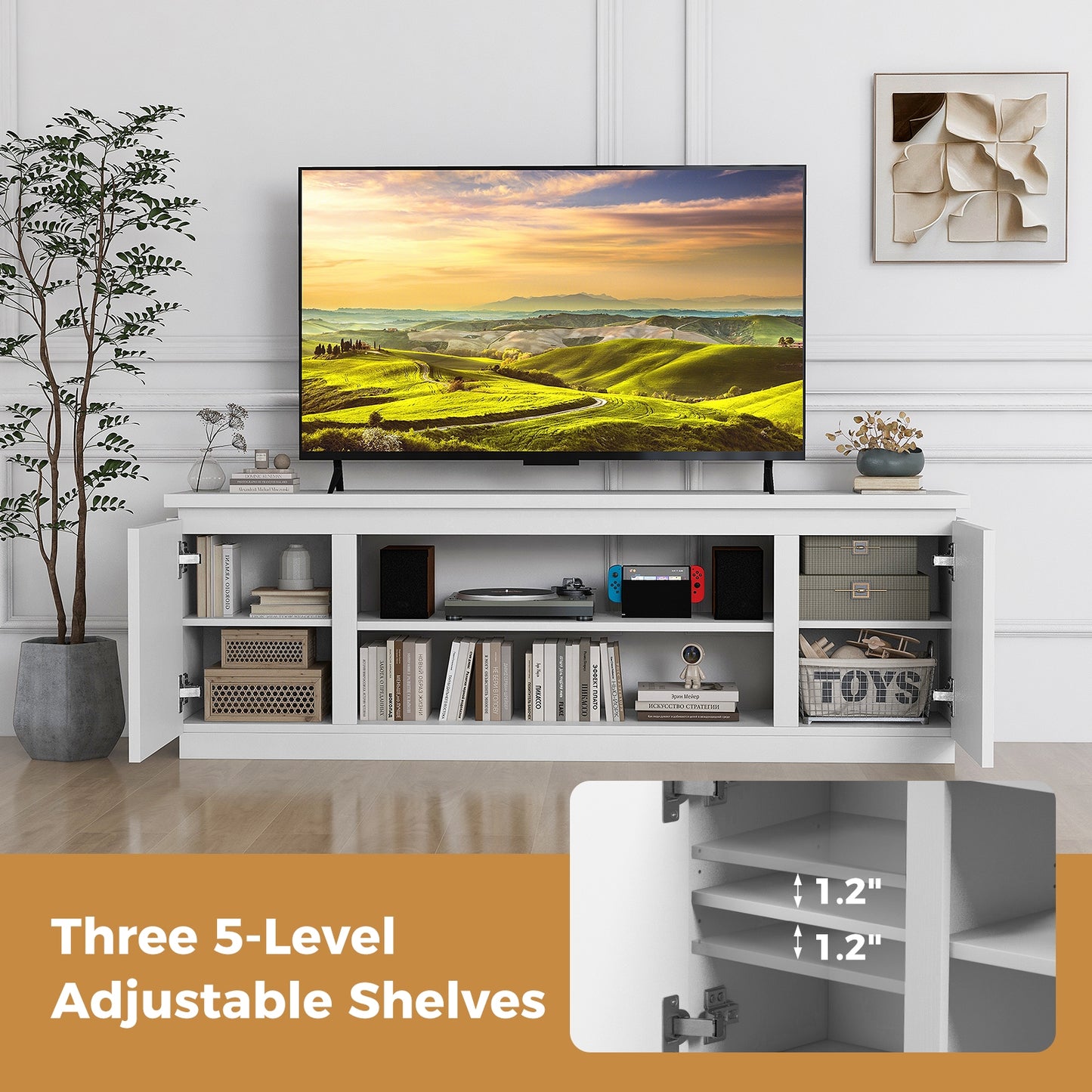 TV Cabinet with 3 Adjustable Shelves and Anti-Tipping Kits for TVs up to 80 Inch, White Entertainment Centers & TV Stands at Gallery Canada