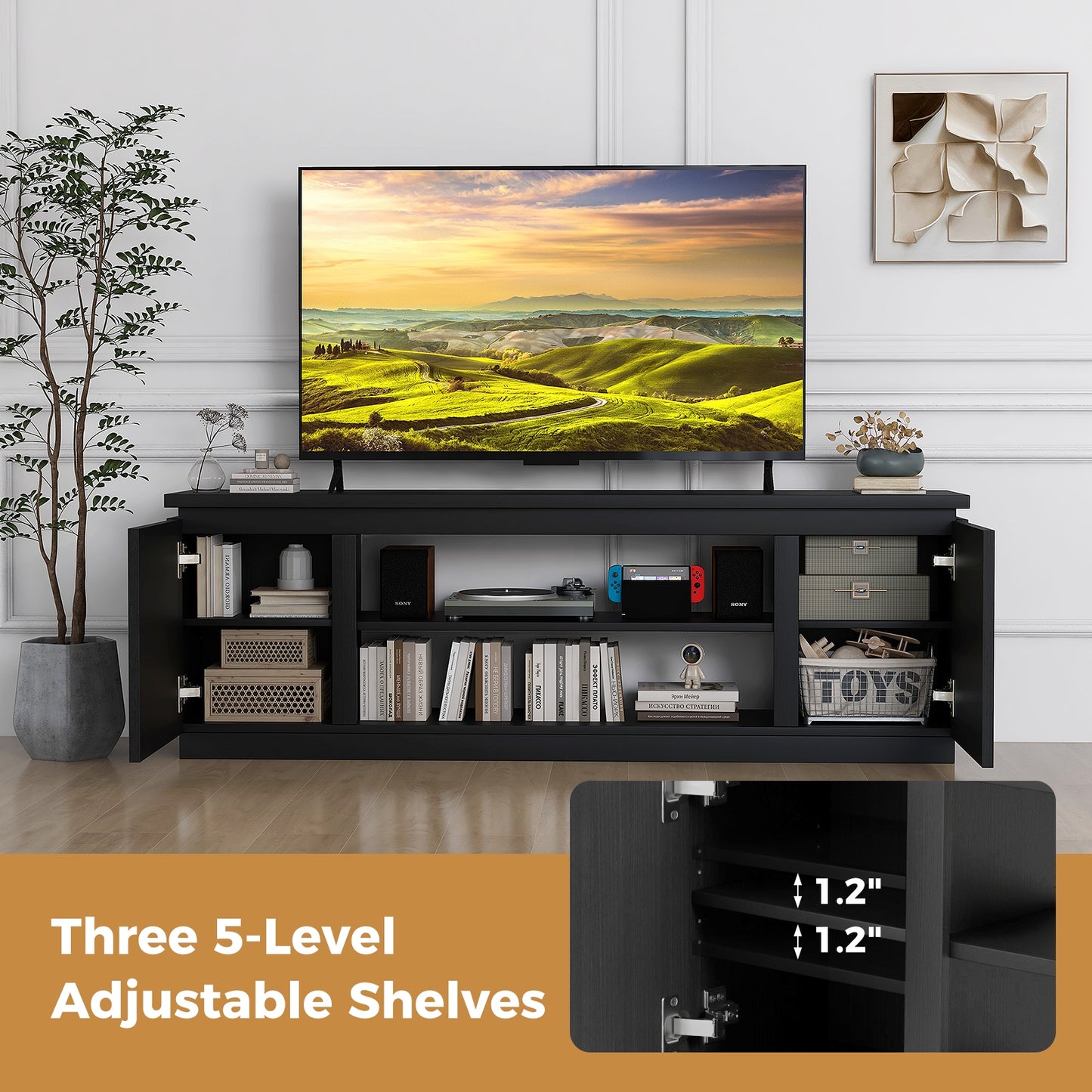TV Cabinet With 3 Adjustable Shelves, Anti-Tipping Kits, 80 Inch, Black Entertainment Centers & TV Stands at Gallery Canada