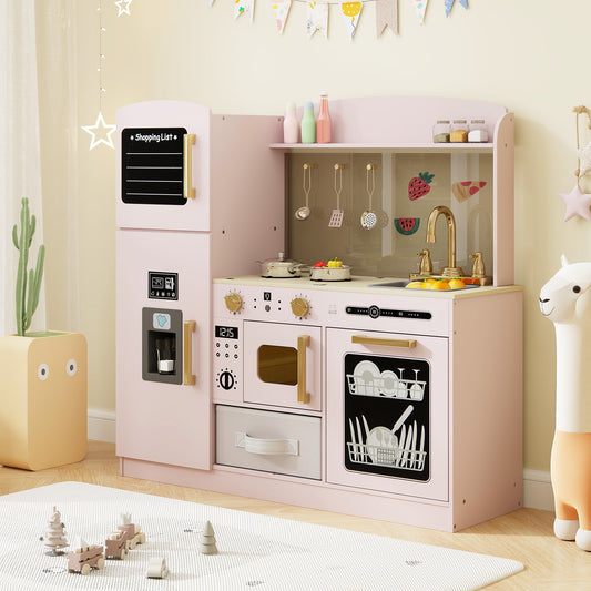 Kids Kitchen Playset With Chalkboard, Ice Maker, Microwave, Pink Play Kitchen Sets Pink at Gallery Canada