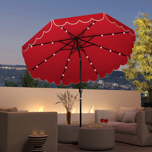 9.3 Feet Solar Patio Umbrella with 24 LED Lights Vented Top and Ruffles, Red Outdoor Umbrellas Red at Gallery Canada