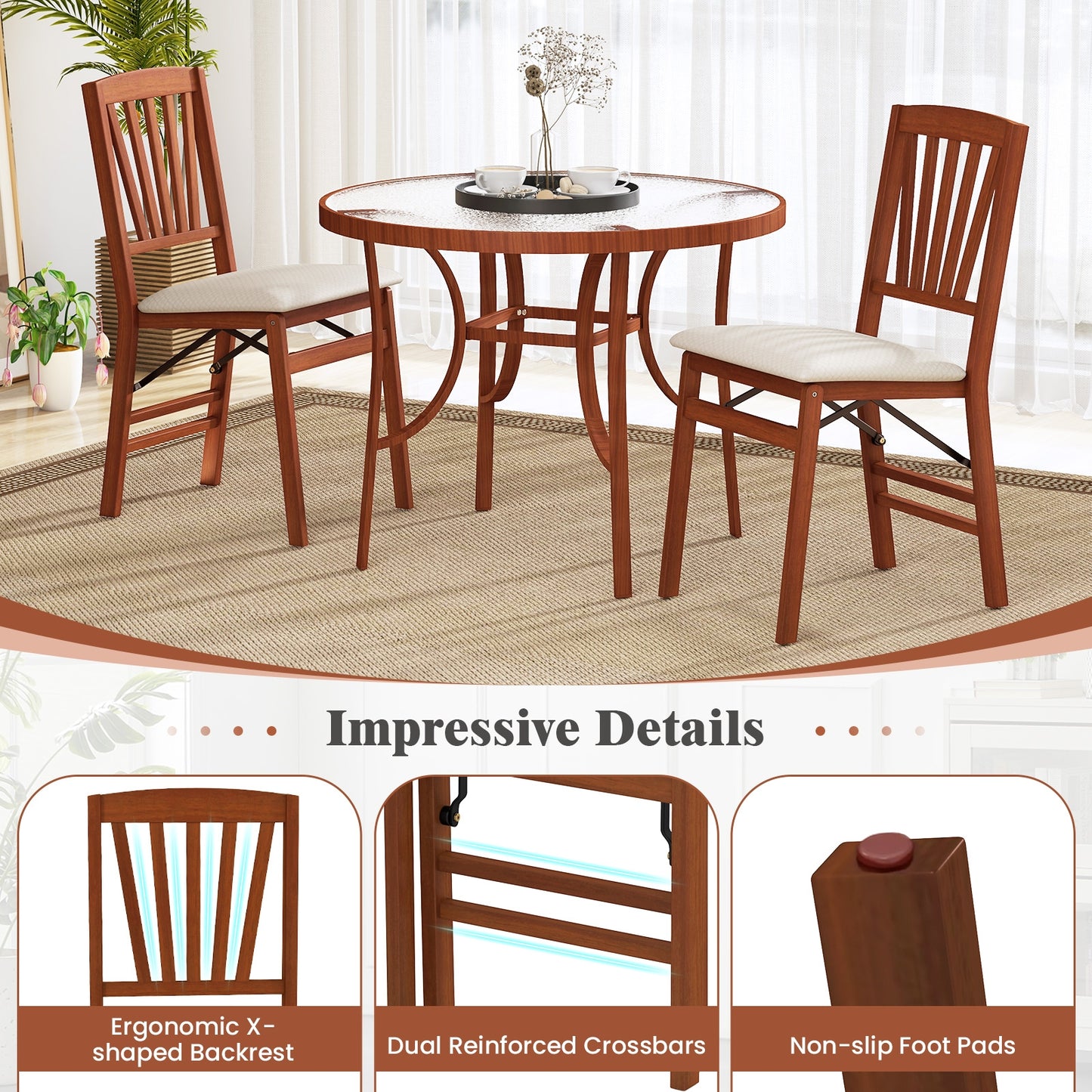 Folding Dining Chairs, Set of 2, Padded Seat, Rubber Wood Frame-B, Walnut Dining Chairs at Gallery Canada