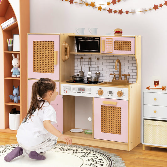 Kids Wooden Kitchen Playset With Lights And Sounds, Pink