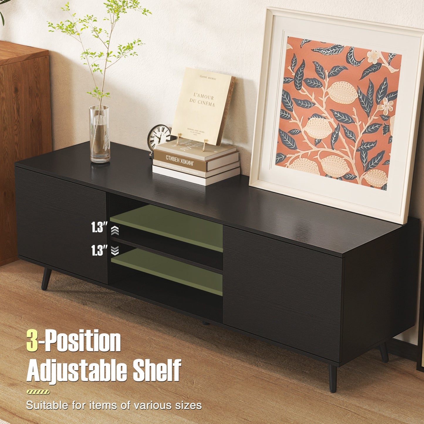 TV Stand with Power Outlets and Adjustable Shelf for 60 Inch TVs, Black Entertainment Centers & TV Stands at Gallery Canada