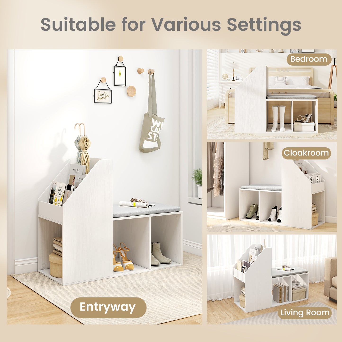 Shoe Storage Bench with Removable Seat Cushion and 6 Storage Compartments, White Shoe Racks & Storage Benches at Gallery Canada