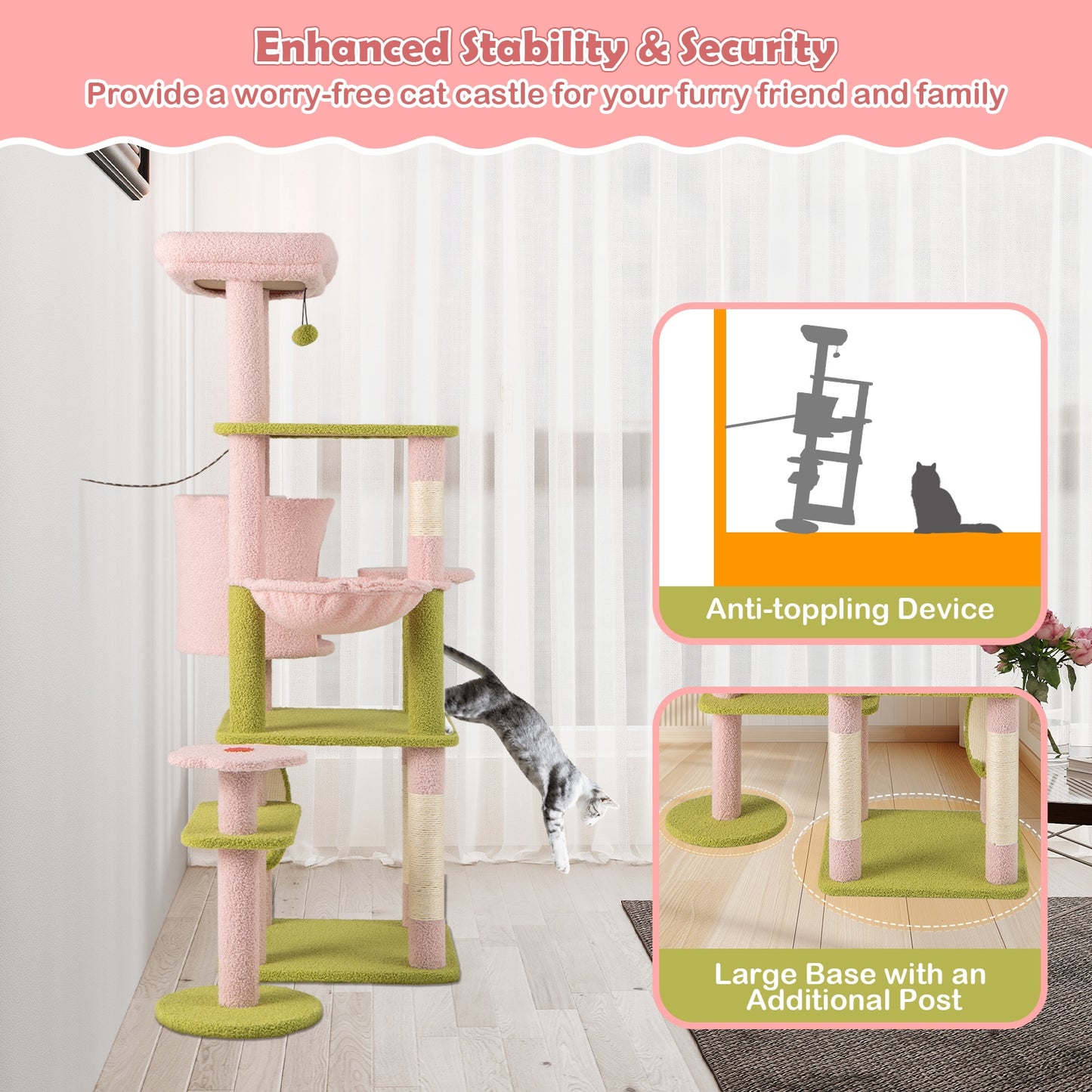 58 Inch Tall Multi-Level Cat Tree, Kitten Tower, Pink Cat Trees Condos & Scratchers at Gallery Canada