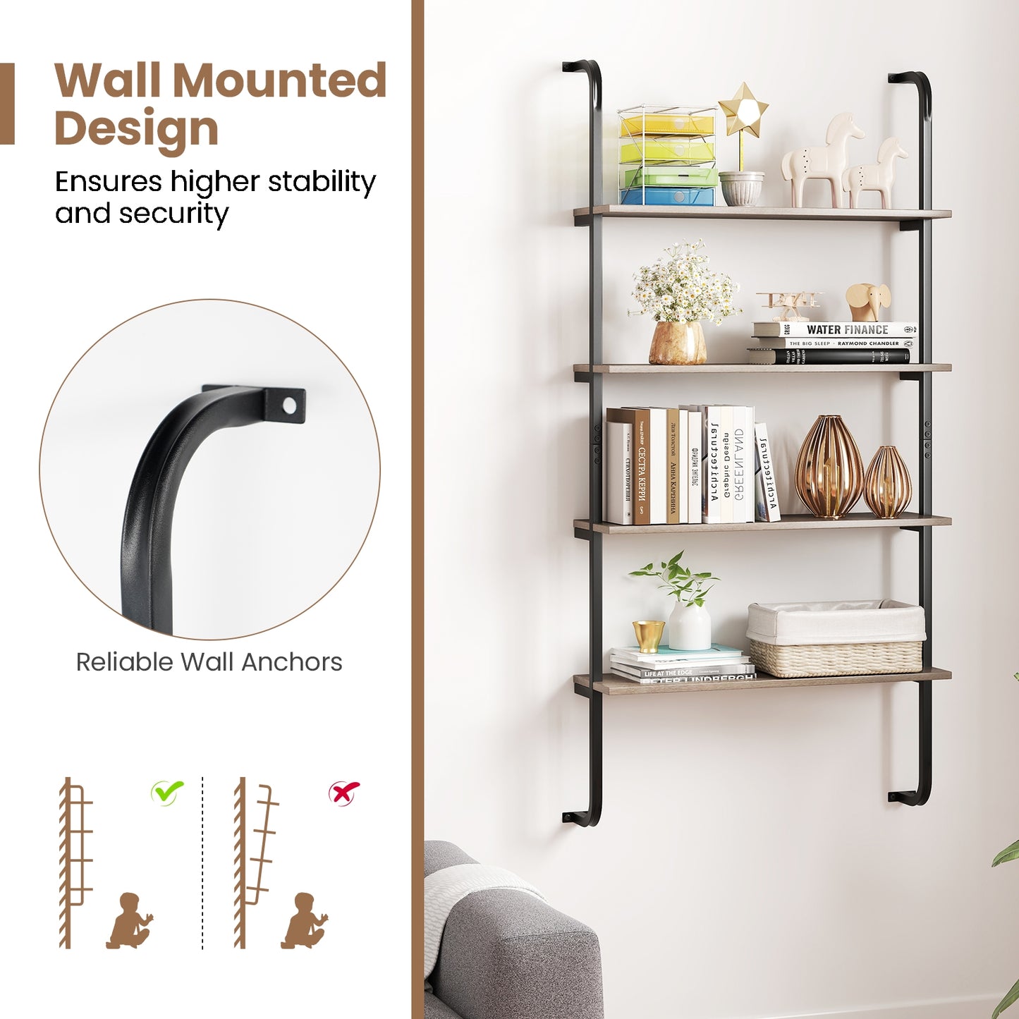 4-Tier Industrial Pipe Shelving with Metal Frame for Living Room Kitchen, Oak Bookcases at Gallery Canada