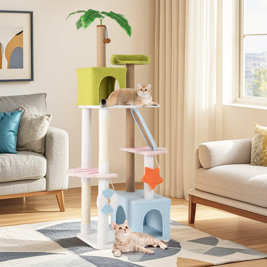 71 Inch Cat Tree, Multi-Level Beach-Themed Kitten Tower, Multicolor