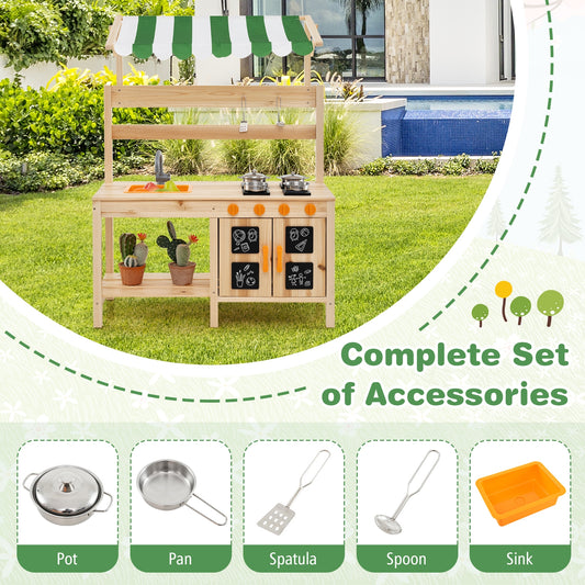 Fir Wood Mud Kitchen With Canopy, Sink, 4 Stoves, Natural Play Kitchen Sets Natural at Gallery Canada