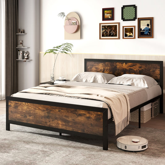 Metal Bed Frame with Headboard and Footboard-Queen Size Simple Bed Frame Rustic Brown at Gallery Canada