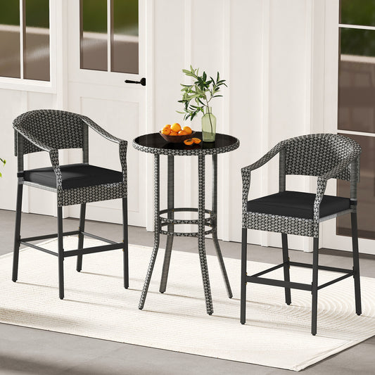 3-Piece Patio Rattan Bar Set with Tempered Glass Top for Backyard Poolside, Gray Patio Bar Furniture Gray at Gallery Canada