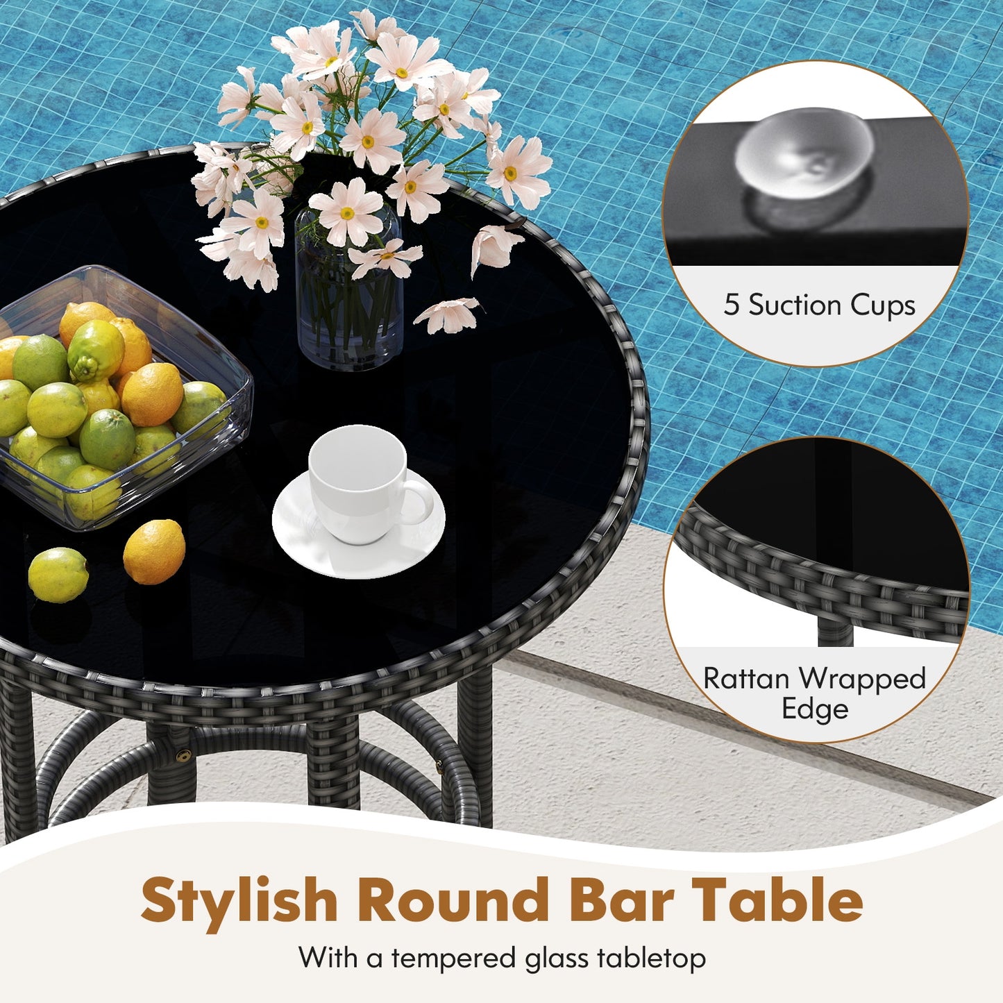 3-Piece Patio Rattan Bar Set, Tempered Glass Top, Gray Patio Bar Furniture at Gallery Canada