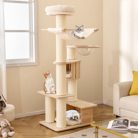 69 Inches Tall Cat Tree with Cozy Top Perch and Washable Plush Cushions, Natural Cat Trees Condos & Scratchers Natural at Gallery Canada